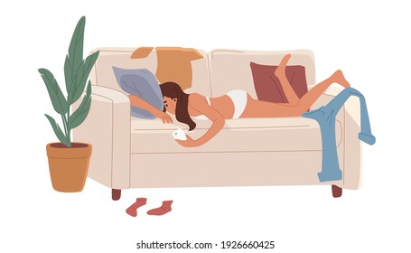 Lazy and depressed young woman lying on couch at home. Sad and apathetic character resting on sofa and surfing internet with mobile phone. Flat vector illustration isolated on white background