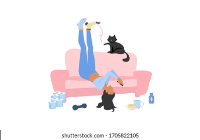 Lazy depressive woman in different
socks lying upside down on the couch
with smartphone and black cat staying home during coronavirus quarantine. Boring exhausting weekdays in mess.

Apathy concept.