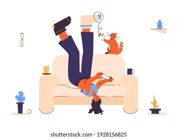 Lazy depressive woman wearing  different mismatched colored
socks. Lying upside down on the couch. Playing with smartphone and cat. Boring exhausting weekdays in mess. Apathy concept. Isolated.