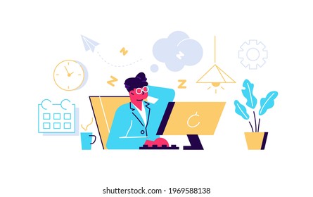 Lazy and disinclined to work. Laziness and indolence concept. Procrastination, unprofitable time spending, useless pastime idea. Vector idle office man sitting back and doing nothing flat illustration