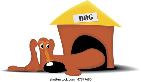 lazy dog and her house. Cartoon character. Vector illustration