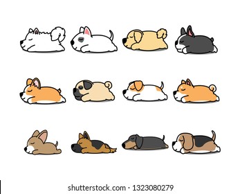 Lazy dog sleeping cartoon icon set, vector illustration