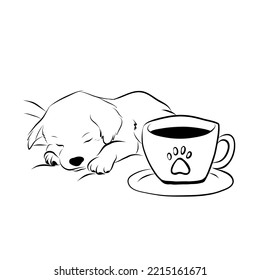 Perro perezoso, perro dormido con taza de café, diseño de logotipo, ilustración vectorial