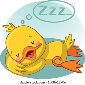 Lazy duck, cute duckling sleeping