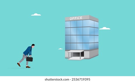 lazy employee come to office, lazy office worker walking sluggishly towards the office, low performance employee on work place