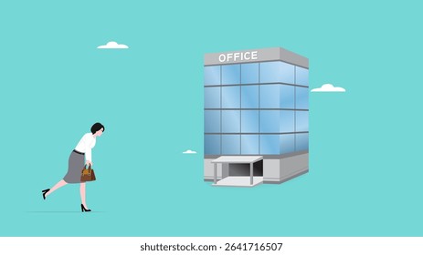 lazy employee come to office, lazy office worker walking sluggishly towards the office, low performance woman employee on work place