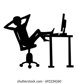 lazy employee and computer. Black silhouette on white background