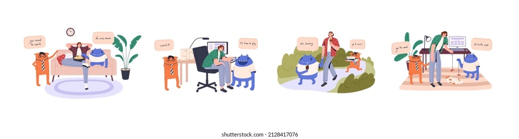 Lazy Employee Procrastinating, Postponing Work. Unmotivated Person With Funny Excuses Delaying And Avoiding Tasks. Procrastination Concept. Flat Vector Illustrations Isolated On White Background