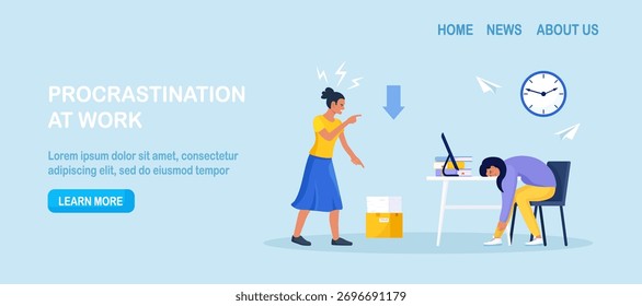 Funcionário preguiçoso relaxa na mesa enquanto chefe irritado aponta no relógio. Procrastinação ou prazo do projeto, baixa produtividade e prazos não cumpridos. Eficiência no trabalho. Adiar tarefas para fazer mais tarde