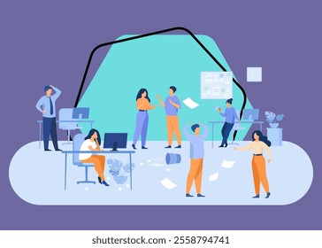 Lazy employees making mess and chaos at workplaces in office. Unorganized managers chatting, using computers at desk among flying papers. For chaotic work, teamwork problem concept