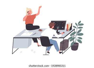 Lazy employees procrastinating, talking on phone and playing computer games at work in office. Careless workers relaxing during break. Colored flat vector illustration isolated on white background