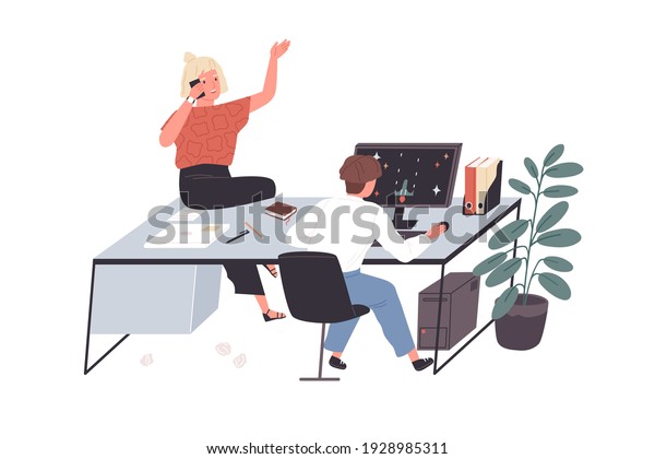 Lazy employees procrastinating, talking on\
phone and playing computer games at work in office. Careless\
workers relaxing during break. Colored flat vector illustration\
isolated on white\
background