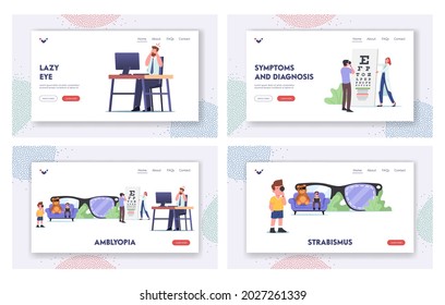 Lazy Eye, Amblyopia Disease Landing Page Template Set. Tiny Characters Visit Oculist Doctor for Sight Treatment. Children with Black Eye Patch, Vision Examination. Cartoon People Vector Illustration