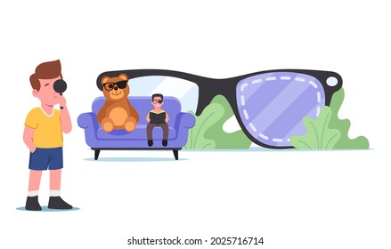 Lazy Eye Amblyopia, Strabismus Disease Concept. Tiny Kids Characters with Sight Disorder at Huge Eyeglasses. Children with Black Patch on Eye, Vision Treatment. Cartoon People Vector Illustration