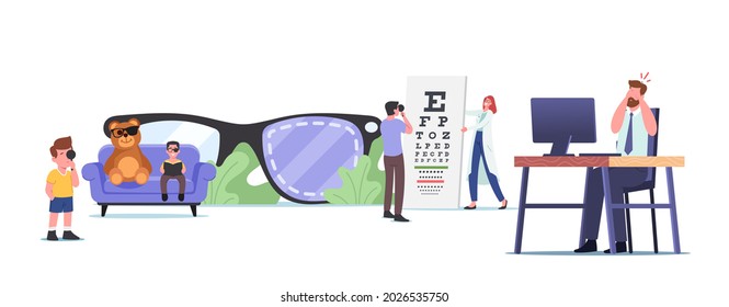 Lazy Eye Amblyopia, Strabismus Disease Concept. Tiny Characters Visiting Oculist Doctor For Sight Treatment. Children With Black Patch On Eye, Vision Examination. Cartoon People Vector Illustration