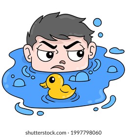 Fauler Gesichtiger Junge, der mit einer Spielzeugente ins Wasser eintaucht, Vektorgrafik. Doodle-Icon-Bild kawaii.