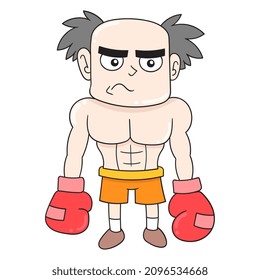 lazy faced old boxer wearing boxing gloves, vector illustration art. doodle icon image kawaii.