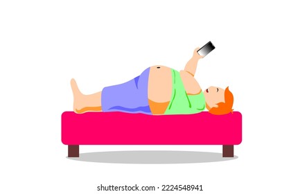Lazy fat boy watching smartphone. illustration. Vector art