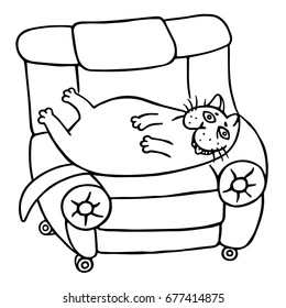 A lazy fat cat is lying on a armchair. Isolated vector illustration.
