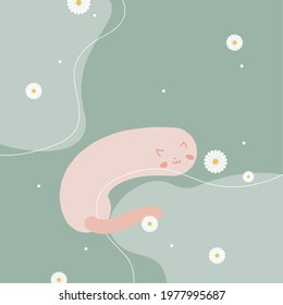 Lazy fat cat sleeping with daisy flower background. Graphic illustration with abstract art. Cat sleeping peacefully.