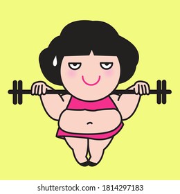 Lazy Fat Girl Lifting Unheavy Barbell Concept Card Character illustration