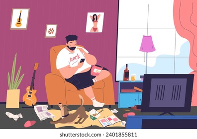 Lazy fat man. Obese person eat stress on chair watching tv messy junk room, wrong unhealthy sedentary lifestyle, funny overweight guy with belly, cartoon vector illustration of fat lazy and overweight