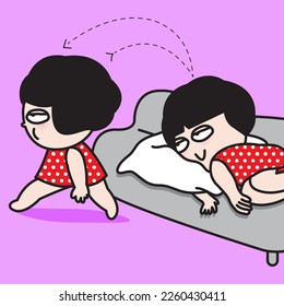 Lazy Fatigued Young Lady Waking Up On Sofa Then Walk, Sleep, Repeat Concept Card Character illustration