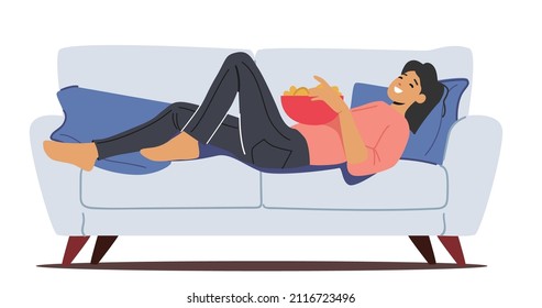 Lazy Female Character Lying on Coach in Living Room, Eating Junk Food During Weekend. Woman Spend Time at Home Relaxing and Enjoying Procrastination. Cartoon People Vector Illustration