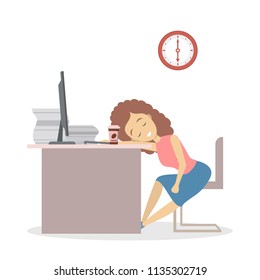 Lazy female worker sleeping in the office. Tired business woman fell asleep at the work time. Isolated flat vector illustration