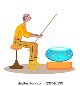 Lazy fishing.Lazy "fisherman" catches fish from an aquarium. Even the worm on a hook is dissatisfied.Vector illustration.