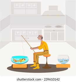 Lazy fishing.Lazy "fisherman" catches fish from an aquarium. Even the worm on a hook is dissatisfied.Vector illustration.
