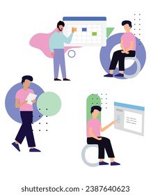 Lazy Flat Art Style Working Illustration Of 4 Company People Working On Corporate Problems