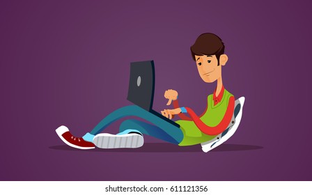 Lazy freelance working programmer on laptop on pillow vector illustration