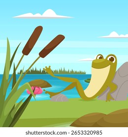 Lazy frog. cartoon amphibian relax time in pond
