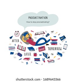 Lazy funny boy lies among a pile of work documents and important tasks, dreams and rests instead of working. Resting office worker, student. Vector Illustration in flat cartoon style