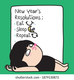 Lazy Funny Girl Is Lying Under New Year's Resolutions List. Her All List Are Eat Sleep And Repeat Concept Card Character Paper Note illustration