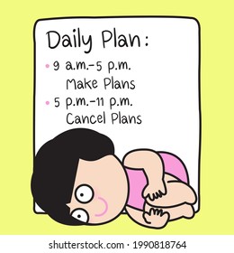 Lazy Funny Girl Is Lying Under Her Very Flexible Plan Concept Card Character Paper Note illustration