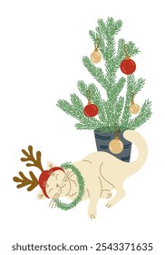 Lazy funny vector cat with Christmas decorated tree and reindeer horns illustration. Flat design for Christmas decoration and stickers. Childish holiday illustration isolated on white background