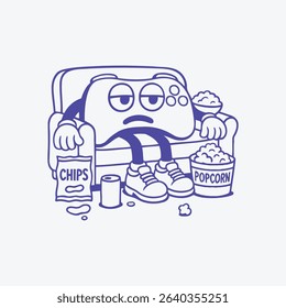 A lazy game controller lounging on a couch with snacks, a fun and relatable cartoon character.