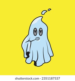 Lazy ghost eating candy halloween vector illustration on yellow background