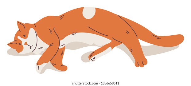 Lazy ginger cat laying down. Cartoon fat kitten character drawn with lines and shadow. Vector home pet