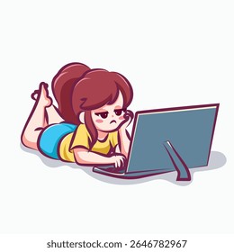 menina preguiçosa na frente do vetor de computador IIlustração 