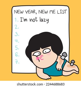 Lazy Girl With Mushroom-Like’ Growths On Skin Lying Besides New Year New Me List With I Am not Lazy Is In Her First List Concept Card Character Paper Note illustration