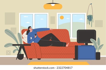 Lazy girl at home. Woman is lying on sofa. Inactive girl watching TV in living room. Rest on weekends. Sedentary lifestyle. Unmotivated apathetic person. Comfortable pose