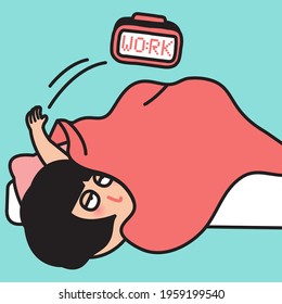 Lazy Girl Lying in Bed Throwing Snooze Alarm Clock In The Early Morning Concept Card Character illustration