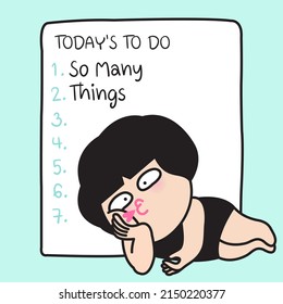 Lazy Girl Lying Besides Today's To Do List With So Many Things Is In Her List Concept Card Character Paper Note illustration
