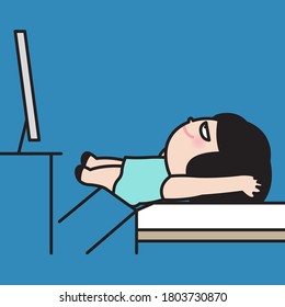 Lazy Girl Lying In Chair And Then Bed Concept Card Character illustration
