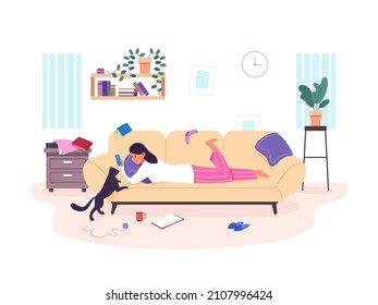 Lazy girl on sofa. Depressed woman in home couch, apathy person wearing pajamas hold smartphone, mess of clothes room, laziness apathetic apartment, flat vector. Illustration of lazy and depression