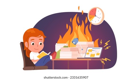 Lazy girl procrastinating close to deadline. Calm business person kid postpone work relaxing late at office desk with papers on fire. Procrastination, deadline crisis concept flat vector illustration