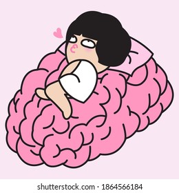 Lazy Girl Relaxing And Lying On A Big Brain Concept Card Character illustration